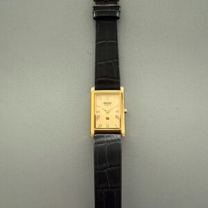 Vintage Seiko Tank watch Gold dial Gold Bezel with Black Strap